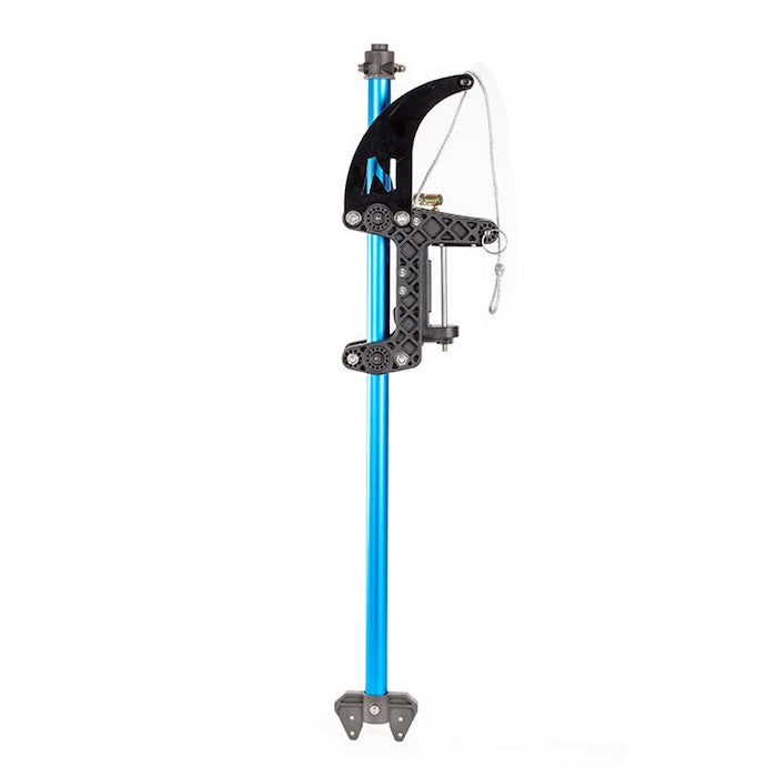 Bixpy NuCanoe QuickConnect Adapter for Bixpy Kayak Motor. This unit is a vertical blue aluminum pole with a black cap on the top end and a black quick connect attachment on the bottom. A black mounting device is attached to the upper middle part of the pole.