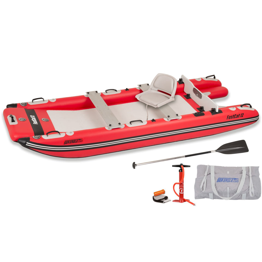 This is the orange-white Sea Eagle FastCat 12 Catamaran Inflatable Boat complete set including the inflatable boat with white Wide Sun & Rain Canopy, 2-seats, pump, paddleboard and container bag.