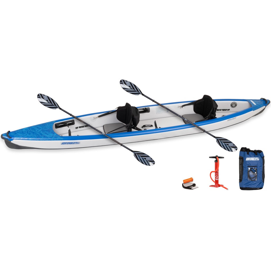 Blue and Grey Sea Eagle RazorLite 473rl Tandem Inflatable Kayak Pro top display view with the bag and pump sitting next to the Sea Eagle inflatable Kayak. 