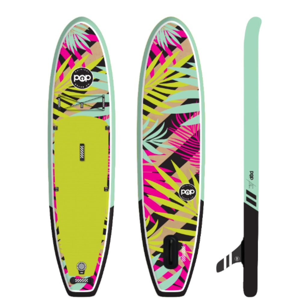 Royal Hawaiian SUP Pink-Black full view of the kit inclusions: POP Paddleboard, High Roller Backpack, adjustable 3-piece paddle, dual action pump and 10' Coiled Leash.