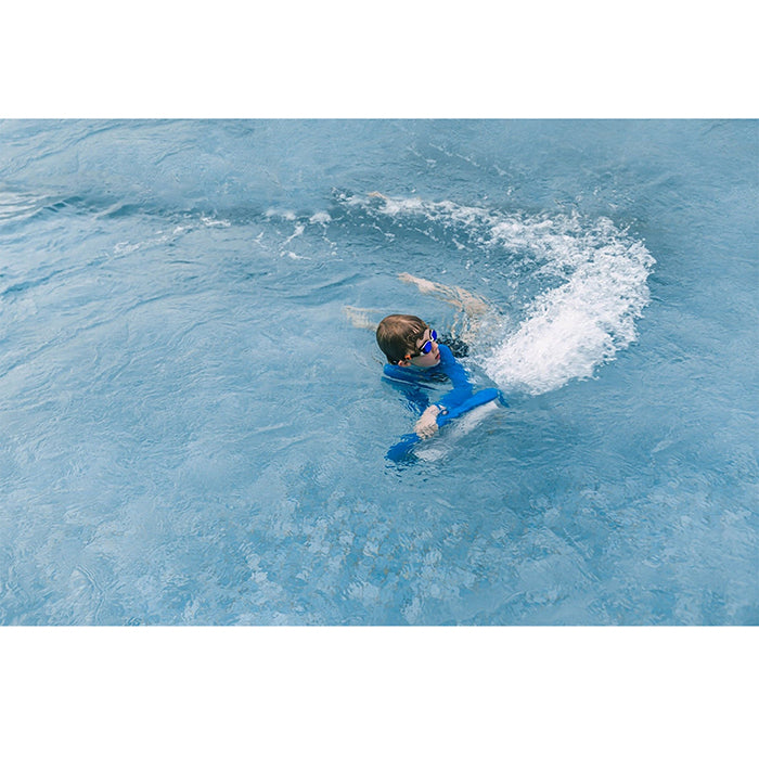 These are the green and yellow Asiwo Mako Electric Kickboard being held by two children swimming underwater in the pool.