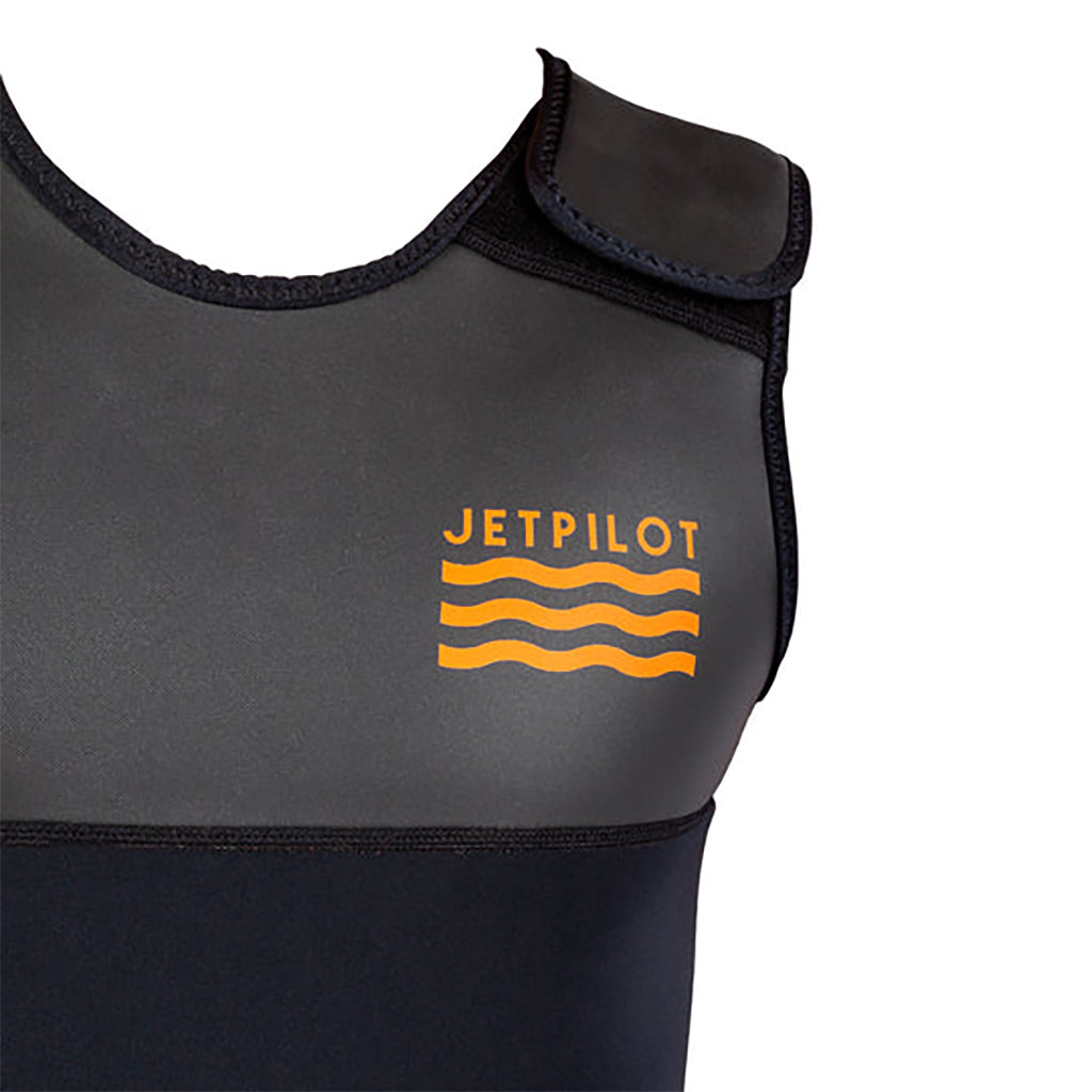 This is the closeup front view of the black isolated JetPilot L.R.E. Element 3-2 GBS Wetsuit topmost part facing the left side featuring the brand name and logo.