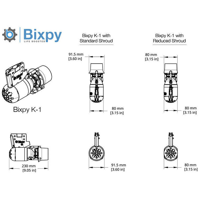 Dimension guide for Bixpy K-1 Angler Pro Outboard Kit.