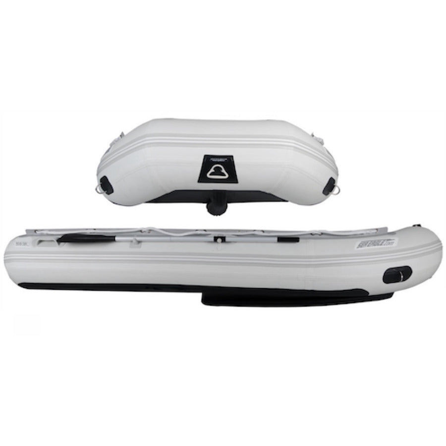 Sea Eagle 12'6" Sport Runabout Inflatable Boat top view with the bag and pump sitting next to the Sea Eagle inflatable boat.