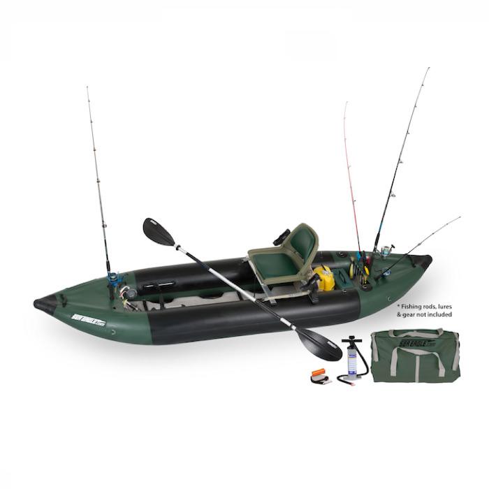 Sea Eagle 350fx Inflatable Fishing Kayak top view with the bag and pump sitting next to the Sea Eagle inflatable kayak. 