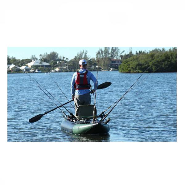 Sea Eagle 350fx Inflatable Fishing Kayak top view with the bag and pump sitting next to the Sea Eagle inflatable kayak.