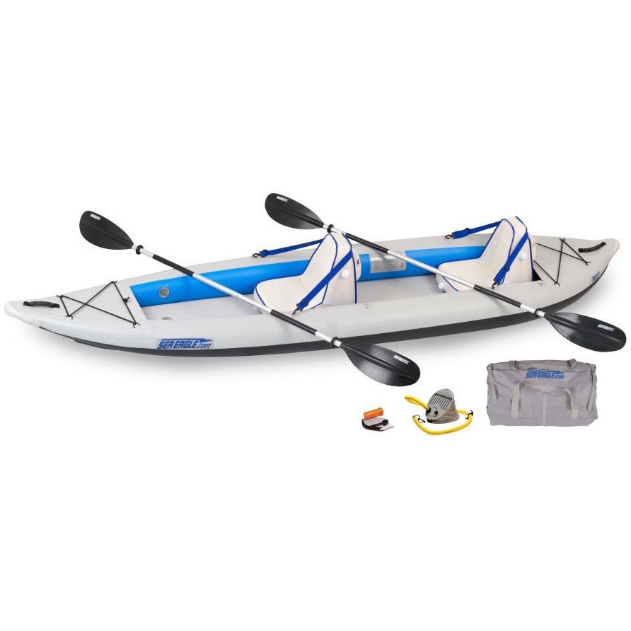 Sea Eagle FastTrack 385FT Tandem Inflatable Kayak top and side display view with the bag and pump sitting next to the Sea Eagle inflatable kayak. 