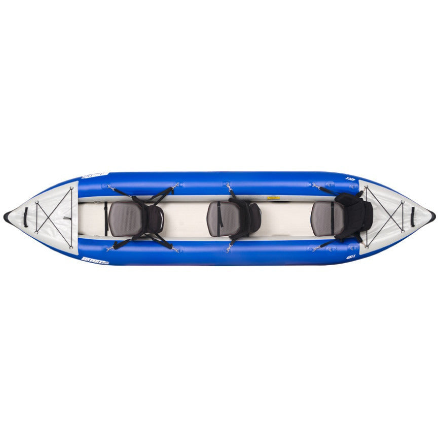 Sea Eagle Explorer 420X Tandem Inflatable Kayak top and side display view with the bag and pump sitting next to the Sea Eagle inflatable kayak. Blue/Grey