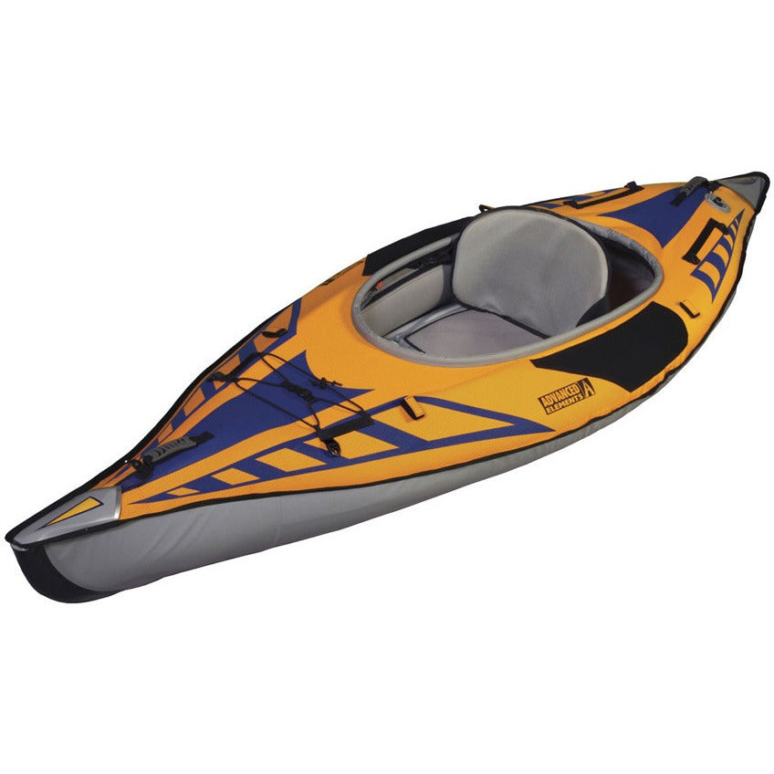 Advanced Elements 1 Person AdvancedFrame Sport Inflatable Kayak display view.  Orange and blue inflatable kayak design with grey interior, nose, and side walls. Image on a white background. 