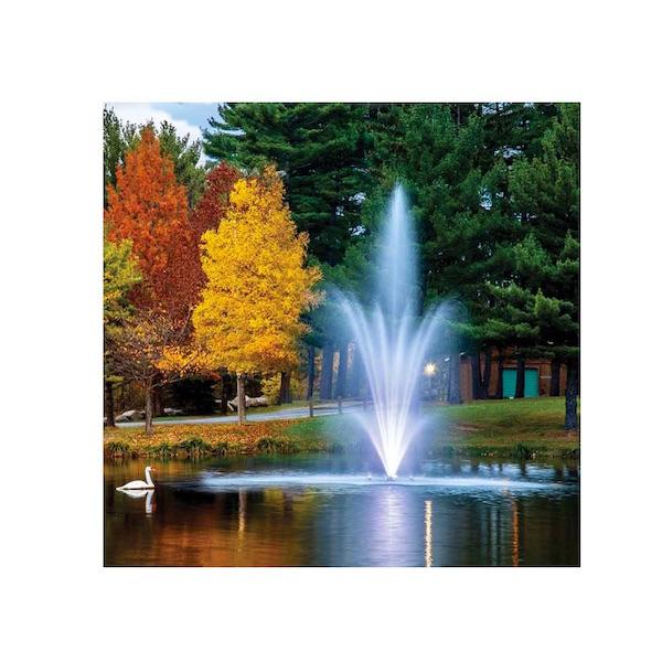 Scott Aerator The Amherst Floating Pond Fountain on a pond on a fall day.  Beautiful 3 layer spray against the colors of fall in the background and a swan in the pond.