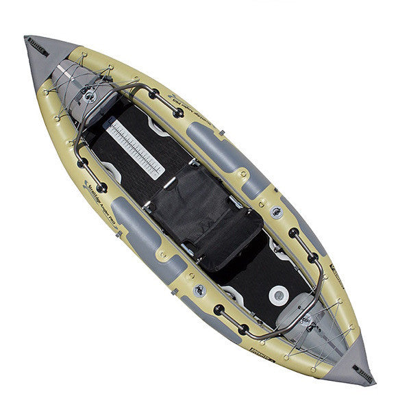 Top/Front Display view of Advanced Elements StraitEdge Angler Pro 1 Person Inflatable Kayak. Sage/Grey with Black seat.