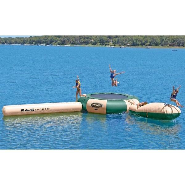 Yellow and Blue Rave Aqua Jump Eclipse 200 Water Trampoline. Blue and yellow with black jumping surface.  Sky view on a white background.