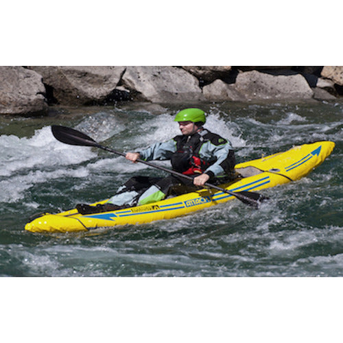 Top view and front display view of the yellow with grey interior of the Advanced Elements Attack Whitewater 1 Person Inflatable Kayak.