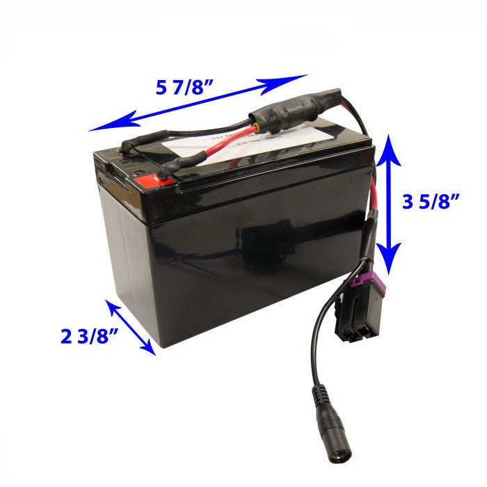 Bravo BP12 Single Stage Electric Pump dimensions diagram.  Closeup of the black battery with measurements displayed. 