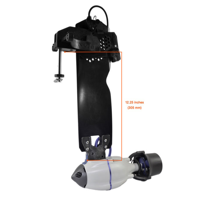 Bixpy Universal Rudder Adapter for J2 Motor with depth specifications showing that the top of the Bixpy kayak motor is 12.25 inches below the bottom edge of the top cross section. The cross piece rests on the top edge of the kayak, so there is 12 1/4 inches between the top of the kayak to the top of the thruster. The rudder is all black and is connected to the grey and black motor with blue highlights.