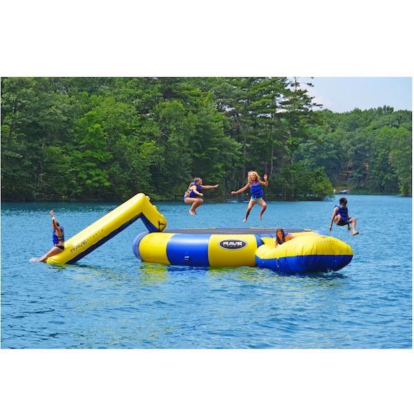 Rave Bongo 20 Water Bouncer with alternating blue and yellow sections of the inner tube with a 20ft black bounce surface.  Image is on a white background. 