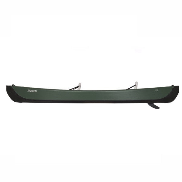 Sea Eagle Inflatable Canoe 16 side view. You can see the rudder underneath the green shell of the Sea Eagle Inflatable Canoe