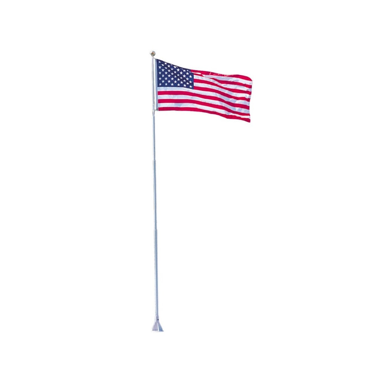 Dock Edge 21 foot Flexi-Flagpole with USA flag flying in the wind. white background.