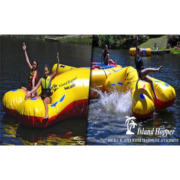 1 kids sitting on the Island Hopper Double Blaster Water Trampoline Attachment.  Image on a white background.