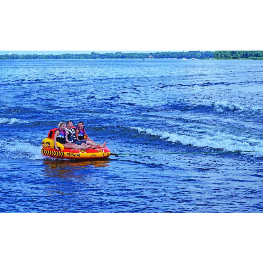 Top view of the RAVE #Epic 3 Person Towable Boat Tube.  Red, yellow, and white design with black padded seats for 3 riders 