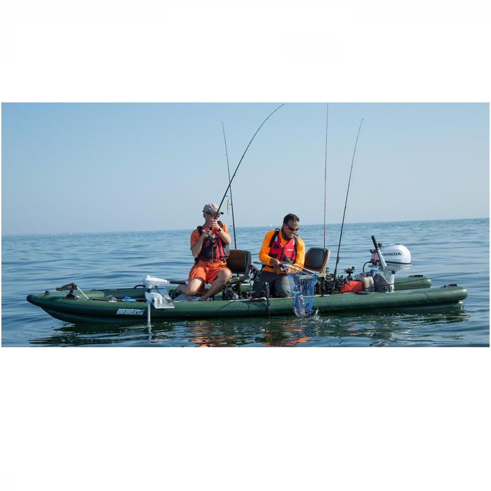 Sea Eagle FishSkiff 16 Inflatable Fishing Skiff top and side display view with the bag and pump sitting next to the Sea Eagle fishskiff.  Green hull and seat with grey floor and highlights. 