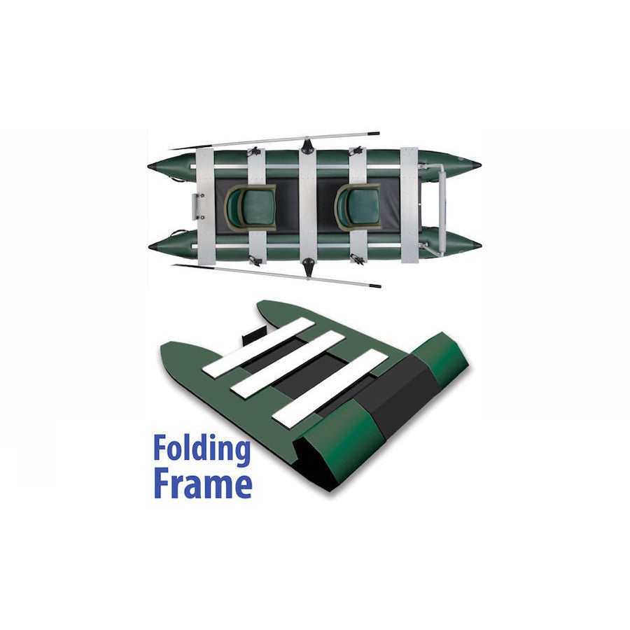 Sea Eagle 375 FoldCat Inflatable Fishing Boat Pontoon top view and view of the folding frame half folded up. 