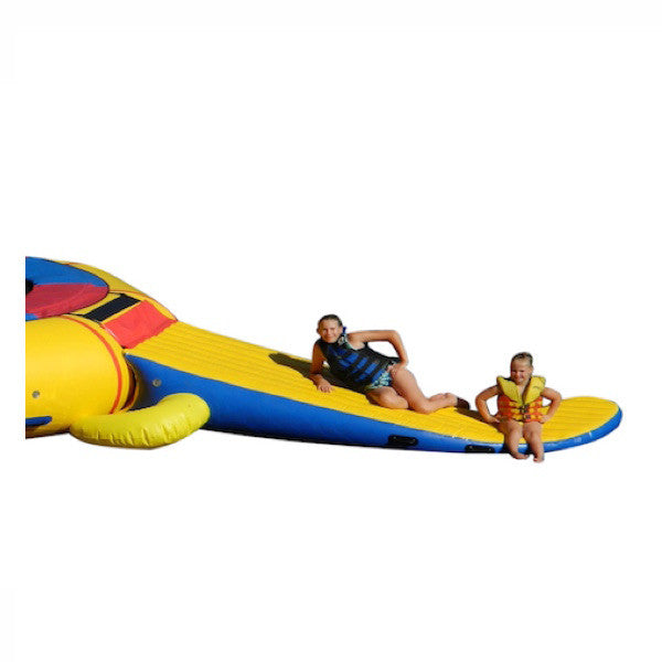 2 girls sitting on a Island Hopper Gator Monster Tail Platform Slide Water Trampoline Extra