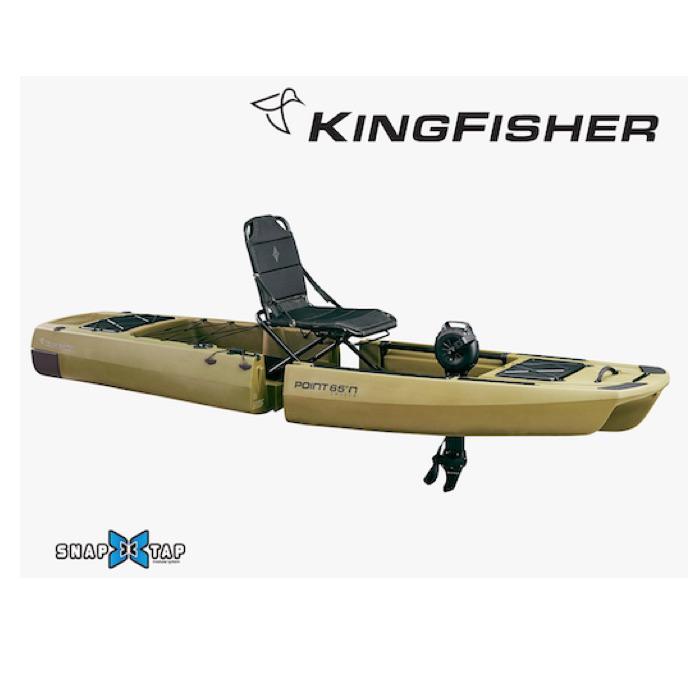 KingFisher Solo Modular Fishing Kayak for Sale Grey version. It is a 2 piece modular fishing kayak for sale with 1 place seat and 1 black impulse drive.