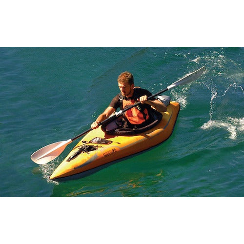 Top/Side display view of the orange and grey Advanced Elements Lagoon 1 Solo Inflatable Kayak on a white background. 