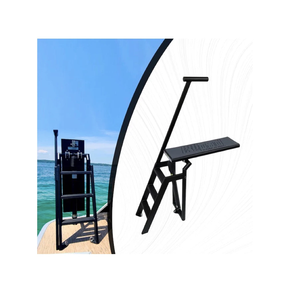 Lillipad Diving Board for Pontoon Boats with Black Powder-Coated Finish Dark Gray/Black Textured Foam Diving Board Underfloor Mount. The main color of the textured foam is a dark gray with black outline of the Lillipad Diving Board stenciled logo.