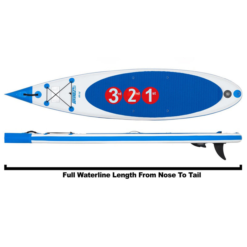 Sea Eagle NeedleNose 126 Inflatable paddle board top display view with the bag and pump sitting next to the SUP.