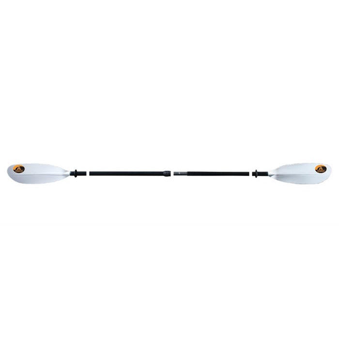 Advanced Elements Orbit 4-Part Kayak Paddle, Black Shaft with White blades. Advanced Elements logo on the white blade. Paddle Image on a white background. 