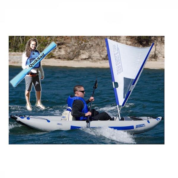 Sea Eagle QuikSail - Universal Kayak Sail on the water ready to set sail. White sail with blue trim, it is in a V shape coming out of the kayak.  Inset picture of woman holding the nylon carry bag for the QuikSail.