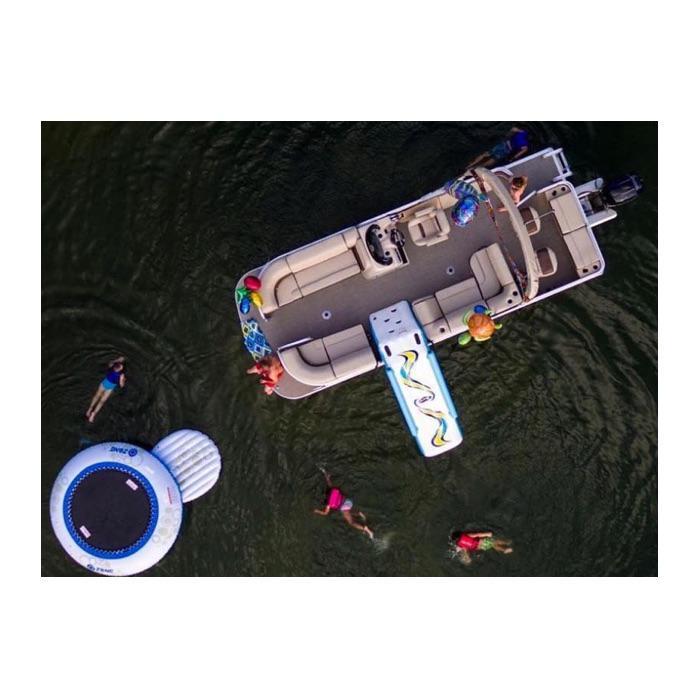 Overhead look at the Rave pontoon slide on a pontoon boat on the lake.