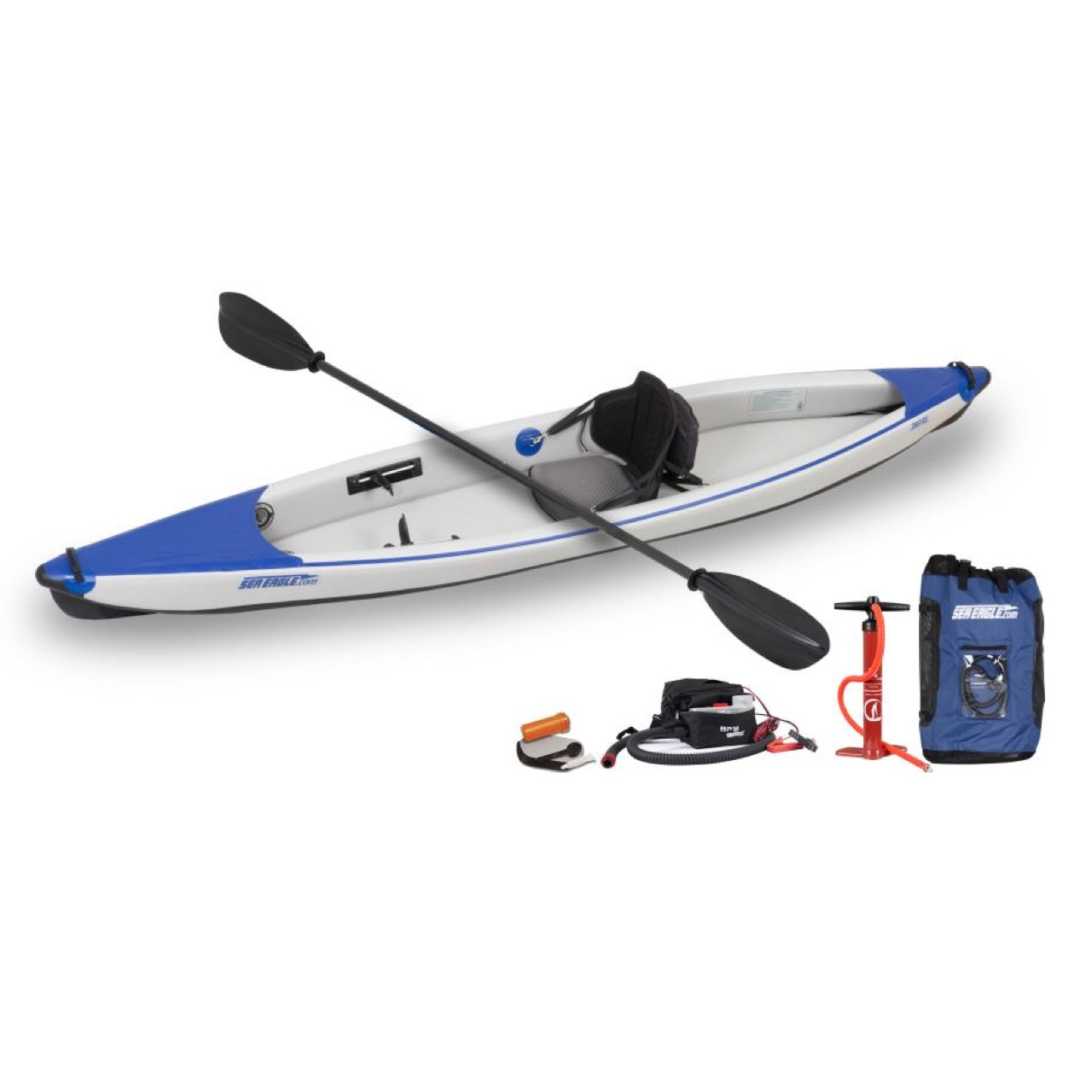 Sea Eagle 393rl Razorlite Pro Solo Package with paddle with black and silver blades. Also shows hand pump, electric pump, and carry bag.