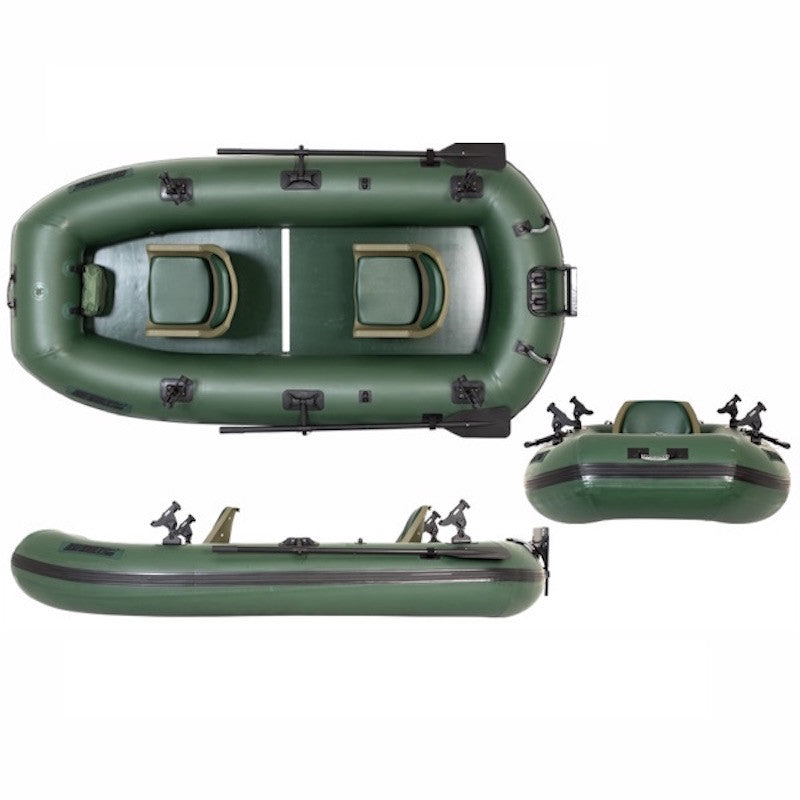 Hunter green Sea Eagle Stealth Stalker 10 Inflatable Fishing Boat with 2 seats top display view with the bag and pump sitting next to the Sea Eagle inflatable fishing boat.