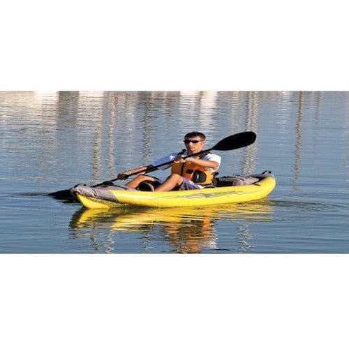 Front/Top display view of the yellow and grey Advanced Elements StraitEdge 1 Person Inflatable Kayak on a white background. 