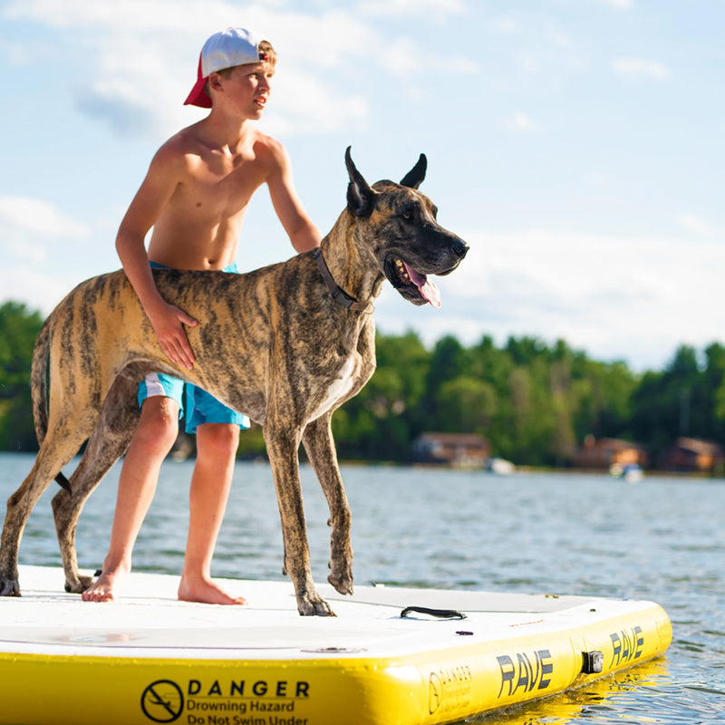 Aqua Dock 10 with a dog and a boy standing on it.