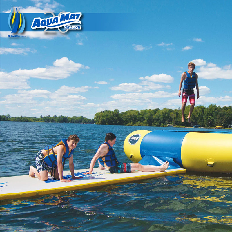 Aqua Mat Deluxe 20ft. All white top surface with royal blue, light blue, and yellow highlights. Says 'Aqua Mat Deluxe' over a gray 20 on the water mat. The border is yellow